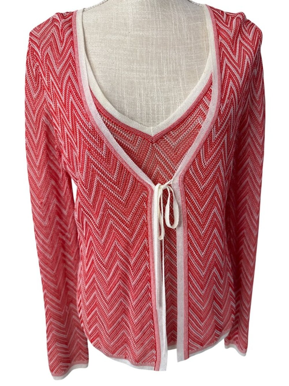 Escada Red Herringbone Knit Cardigan & Tank Set Open Style 40